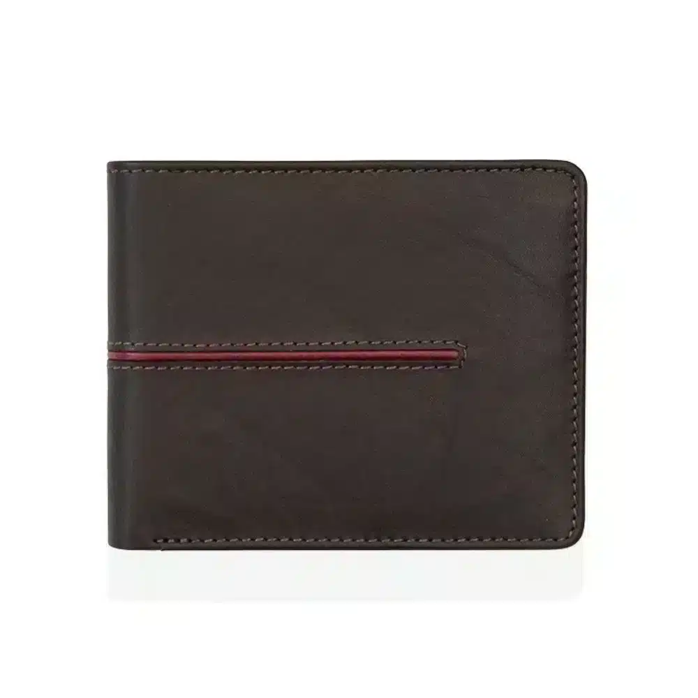Brown Leather Bifold Wallet with Coin Pocket & Colour Trim Elite