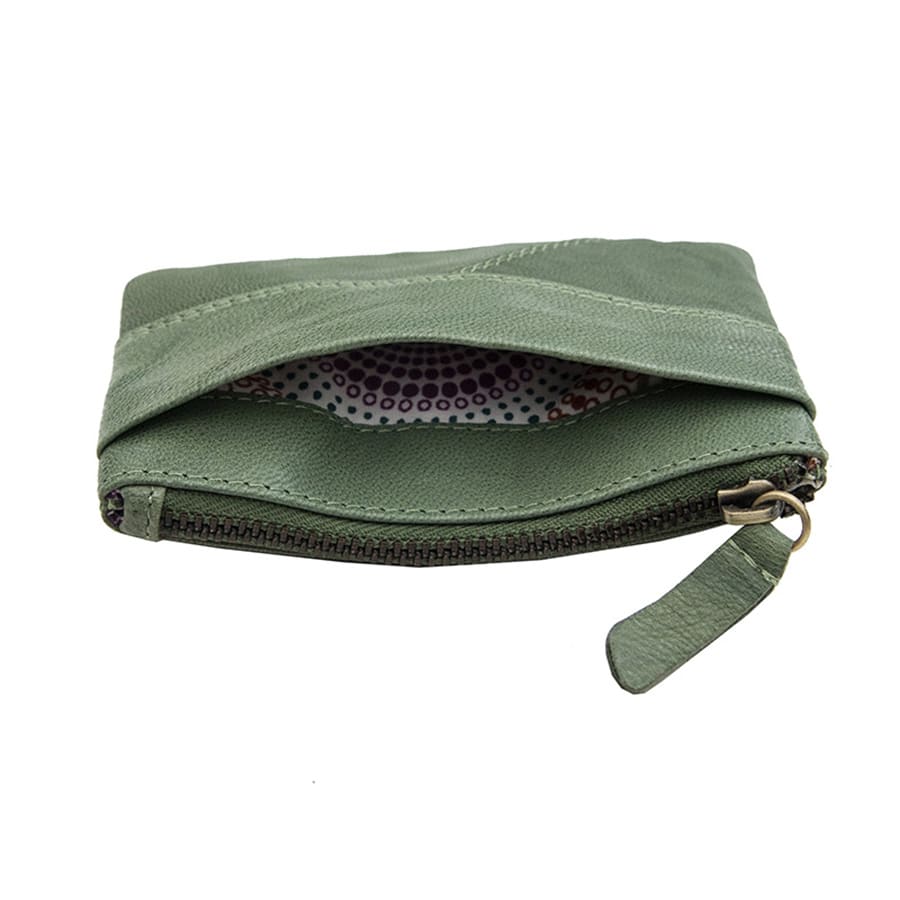 6502-s-w3-1.jpg Sage Leather Pouch | RFID Secure | Coin Purse & Keyring top view