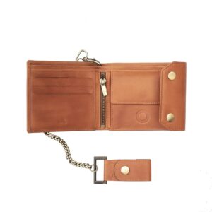 a tan leather biker wallet is open to show a bifold design. There are card slots to the left a zipped section in the middle and a buttoned coin pocket to the right. The wallet has a chain with a leather loop to attach to a belt