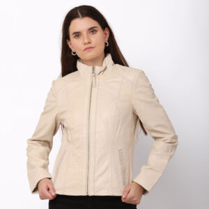Women's Cream Leather Jacket - Reilly 6