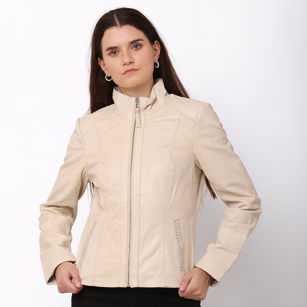 Women's Cream Leather Jacket - Reilly 6