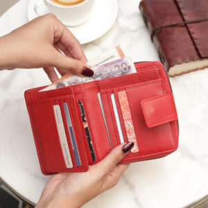 Red Medium Zip Around Tri Fold Purse 21952-3 Genuine Leather purse designed for women who value both style and functionality. With RFID security and multiple Credit Card Slots.