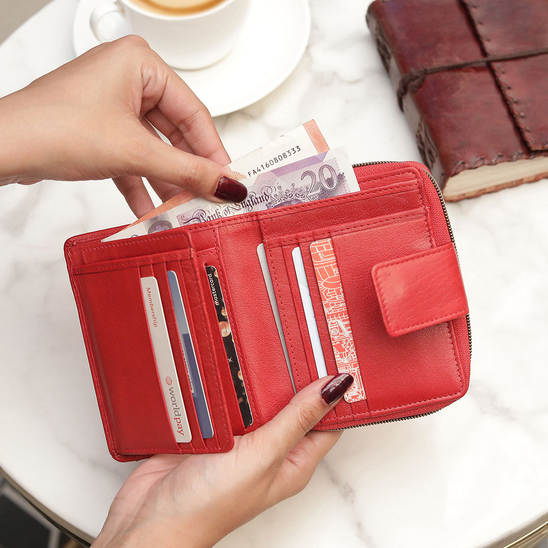 Red Medium Zip Around Tri Fold Purse 21952-3 Genuine Leather purse designed for women who value both style and functionality. With RFID security and multiple Credit Card Slots.