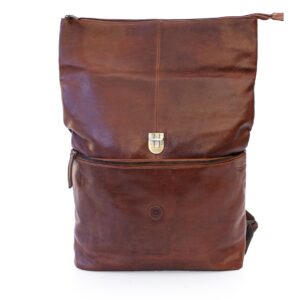 Orion Black Rolltop Rucksack 2001COG -05 a brown leather backpack is open to show the roll top design