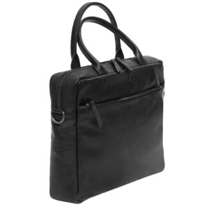 Orion Business Case 2003BLK-02 side view of a black leather messenger bag with top carry handles