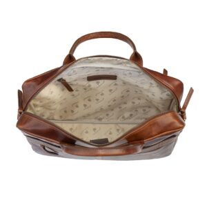Orion Business Case 2003COG-11 brown leather bag, open to show a lined interior and a zipped pocket