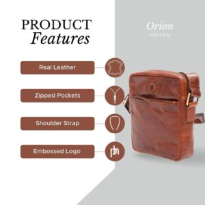 Orion Flight bag product features: Real Leather, Zipped Pockets, Shoulder Strap, Embossed Logo