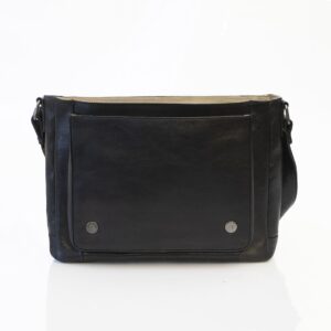 Orion Messenger Bag - 2004BLK-07 black leather messenger bag is open to show a front slip pocket and a magnetic button closure for the top flap.
