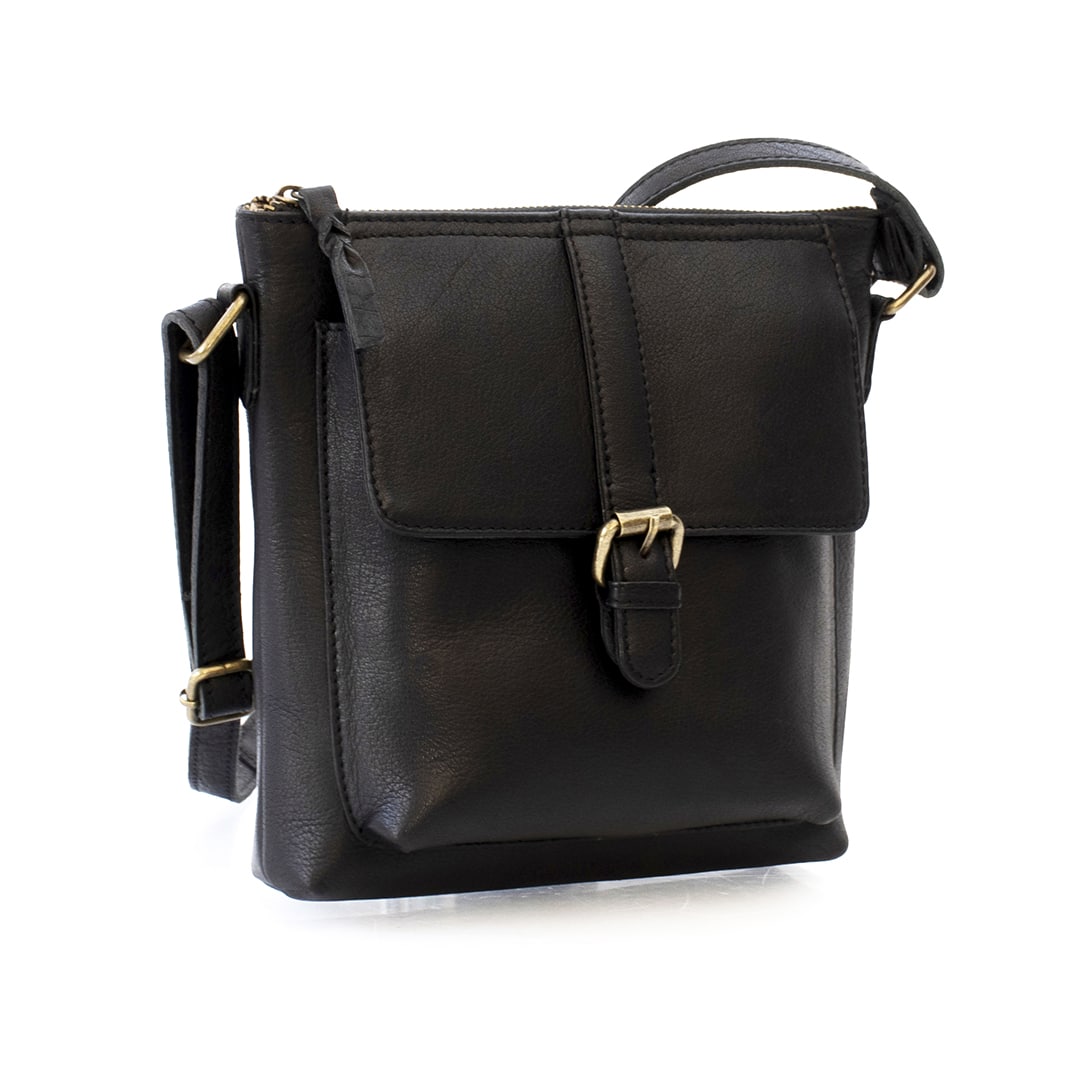 PRIMEHIDE Rica Crossbody Bag 1567BLK-1 Side view of a black leather crossbody bag featuring a buckled front pocket adorned with brass-coloured accents.
