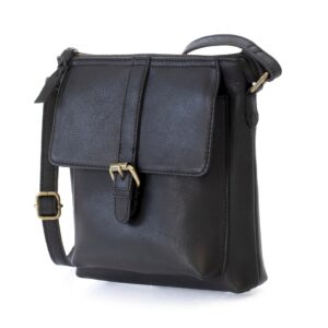 PRIMEHIDE Rica Crossbody Bag 1567BLK-2 Side view of a black leather crossbody bag featuring a stylish buckled front design.