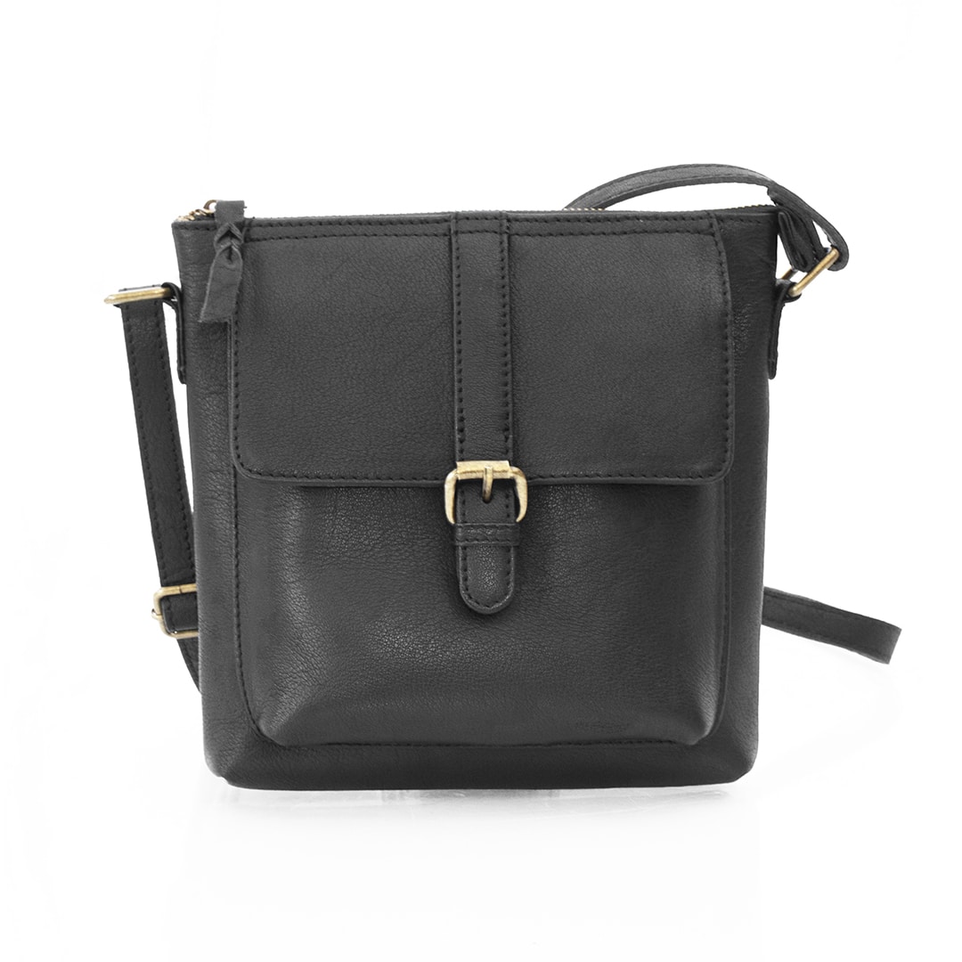 A sleek black leather crossbody bag featuring a modern design, perfect for women on-the-go