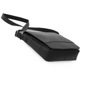 side angle view of a small leather messenger bag