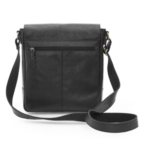 back view of a black leather messenger bag with a zipped pocket