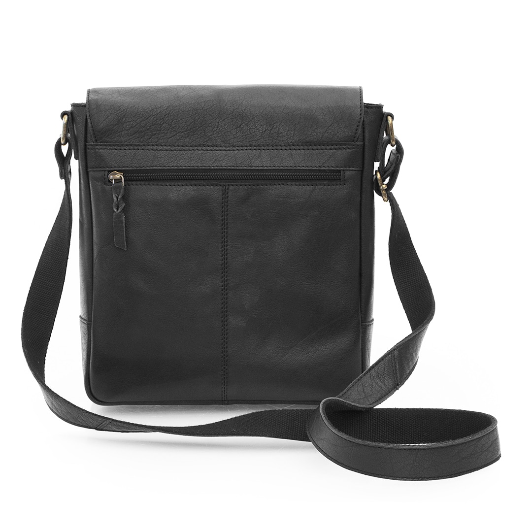 back view of a black leather messenger bag with a zipped pocket