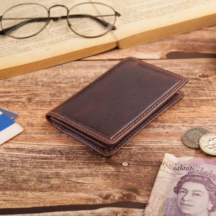 Brown leather RFID credit card holder for men with cards and ID window, perfect personalised Father’s Day or travel gift.