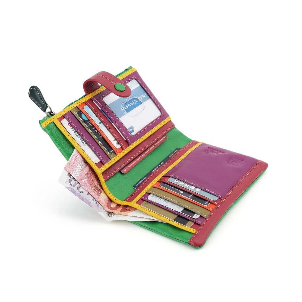 Capri Multi coloured medium bi fold purse - 6800 Green open